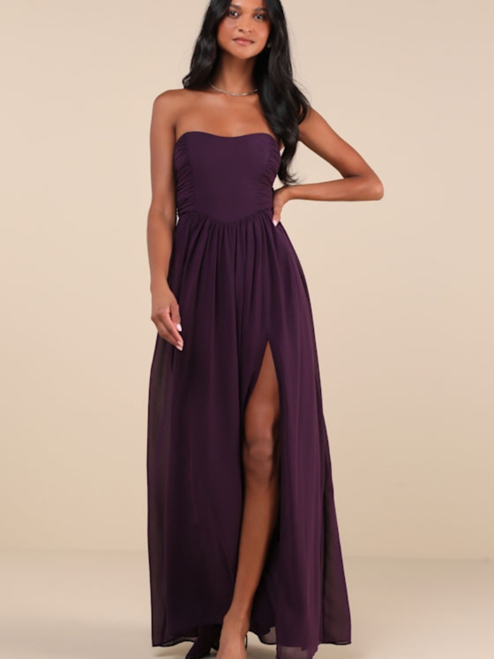 Lulus Luxe Favorite Dark Purple Strapless Ruched Maxi Dress - Size S